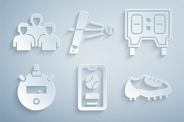 设置移动与棒球，棒球机械计分板，秒表，靴子，球拍和球队的球员图标。向量图片下载