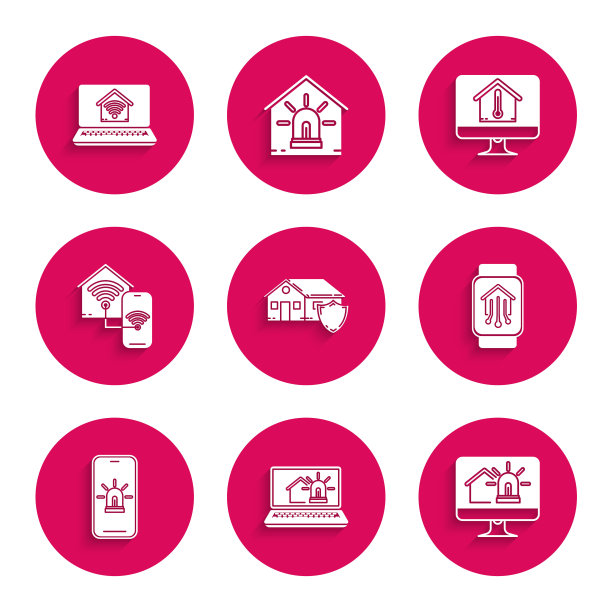 设置房子的保护，笔记本电脑与智能房子和报警，电脑显示器，智能家庭手表，手机，wi-fi，温度和图标。向量图片下载