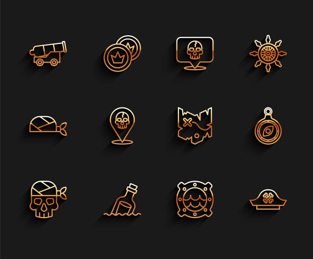 设置线海盗船长，瓶信息水，大炮，船的舱口海景，帽子，位置海盗，指南针和藏宝图图标。向量图片下载