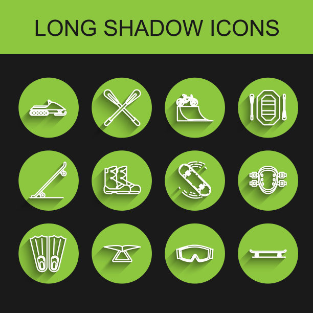 设置线橡胶鳍为游泳，悬挂滑翔机，雪地摩托，滑雪护目镜，滑板，靴子，膝垫和诡计图标。向量图片下载