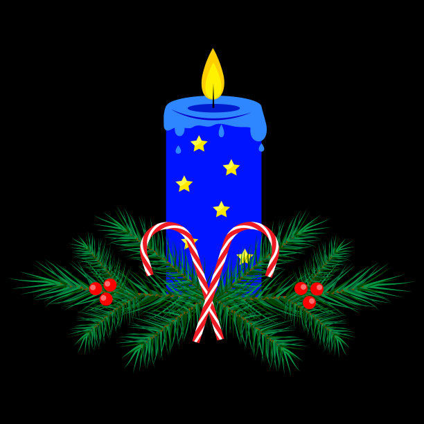 蓝色的圣诞蜡烛。黑色背景。卡通艺术。出现的象征。节日装饰。矢量插图。股票的形象。图片下载