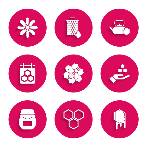 Set Bee and honeycomb, honeycomb, hand, Jar of, Hanging sign with, Tea kettle and Flower图标。向量图片下载