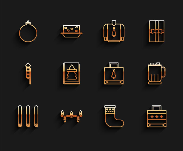 三卷肉桂棒，圣诞灯，球，袜子，纸购物袋，书，热巧克力杯与棉花糖和图标。向量图片下载