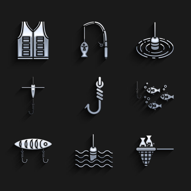 设置鱼钩，浮水，网带鱼，下，鱼饵，和，和夹克图标。向量图片下载