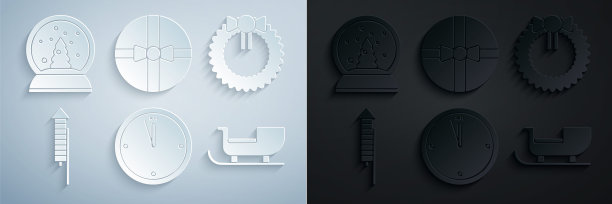 设置时钟，圣诞花环，烟花火箭，圣诞老人的雪橇，礼物盒和雪球图标。向量图片下载