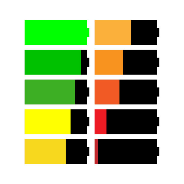 充电电池图标设置。彩色的迹象。饱满和低能量。卡通艺术设计。矢量插图。股票的形象。图片下载