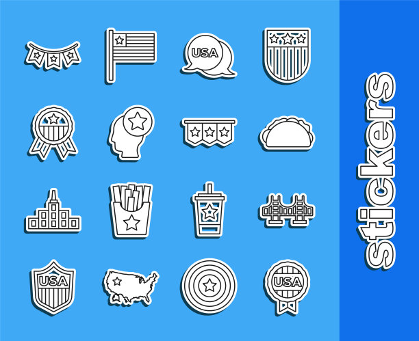 Set line Medal with star, Golden gate bridge, Taco tortilla, USA Independence day, Head, Carnival花环旗和图标。向量图片下载