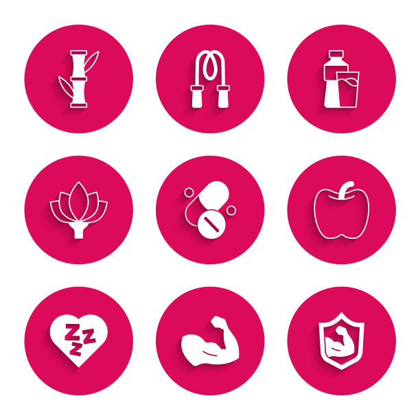 集维生素丸，健美肌肉，苹果，睡意，莲花，瓶装水与玻璃和竹子图标。向量图片下载