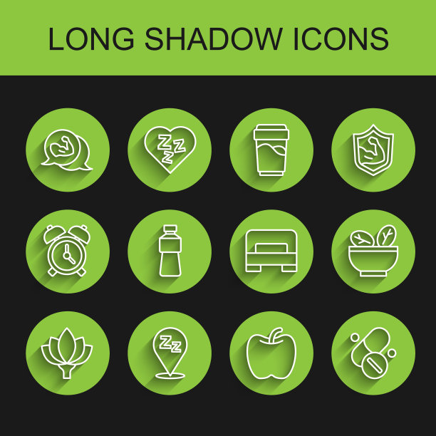 荷花，睡意，健美肌肉，苹果，维他命丸，瓶装水，沙拉碗和大床图标。向量图片下载