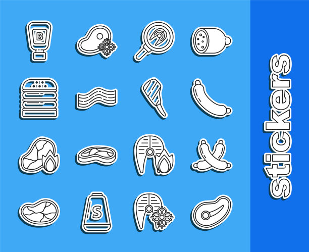 定线牛排，交叉香肠，香肠，鱼牛排在煎锅，培根条纹，汉堡，酱瓶和肋眼图标。向量图片下载