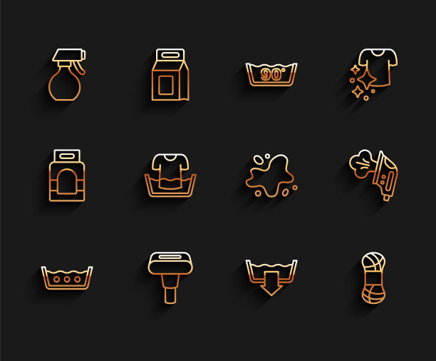 设置线温度洗涤，服装蒸笼，水喷雾瓶，洗涤模式，纱线，盆与衬衫，电熨斗和溢出图标。向量图片下载