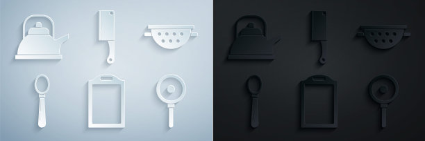 设置砧板，厨房漏勺，勺子，煎锅，肉菜刀和水壶手柄图标。向量图片下载