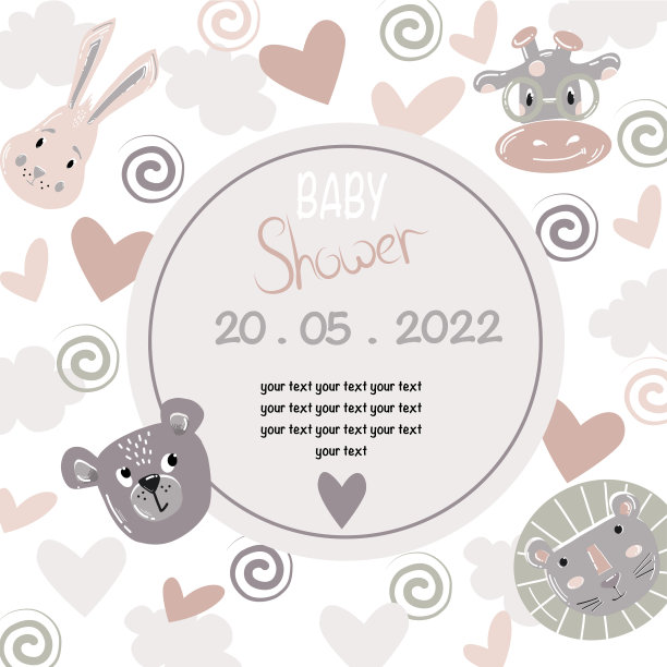 向量婴儿淋浴卡与动物面孔在复古斯堪的纳维亚风格在柔和的颜色图片下载