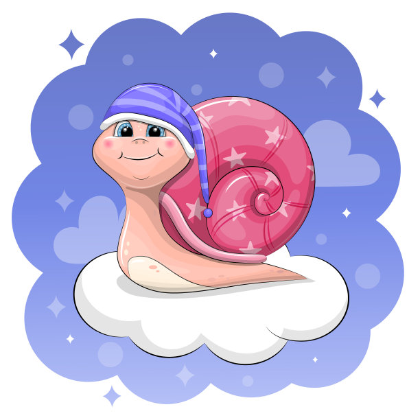 云上戴着睡帽的可爱卡通蜗牛。图片下载