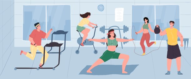 卡通flat健康的人物在健身房做运动锻炼，矢量插图概念图片下载