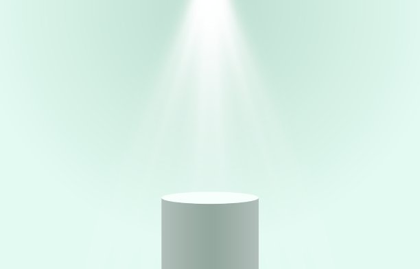 带有聚光灯效果的空圆筒。产品展示平台绿色背景图片下载