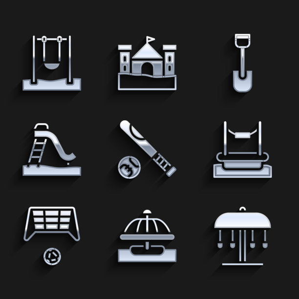 设置棒球棒与球，吸引旋转木马，蹦极，足球球门，儿童滑梯，铲玩具和秋千图标。向量图片下载