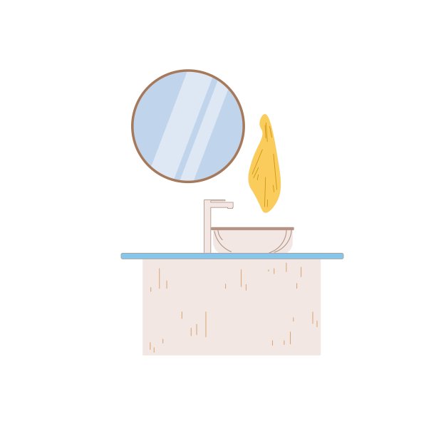 平面卡通浴室柜与镜子，水槽和水龙头，家庭卫生间家具，室内元素矢量插画概念图片下载