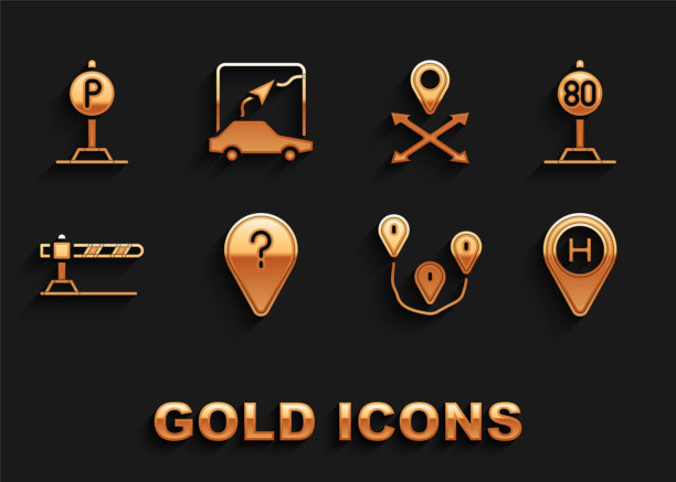 设置未知路线点，速度限制交通，直升机停机坪，路线位置，停车障碍，位置，和城市地图导航图标。向量图片下载