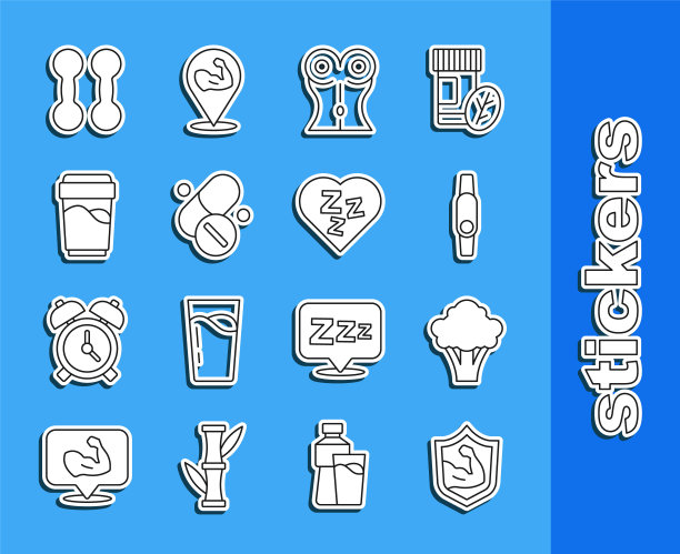 设定线健美肌肉，西兰花，智能手表，女性腰部，维生素丸，玻璃与水，哑铃和瞌睡图标。向量图片下载