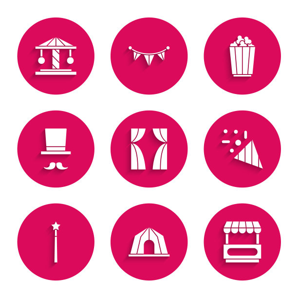 设置马戏团幕布升起，帐篷，快餐车，节日的五彩纸屑，魔术棒，魔术师，爆米花盒和吸引旋转木马图标。向量图片下载