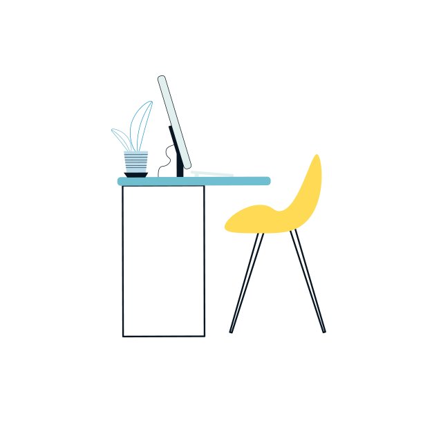 平面卡通电脑显示器上的办公桌，电子设备，家具和办公室内部元素矢量插画概念图片下载