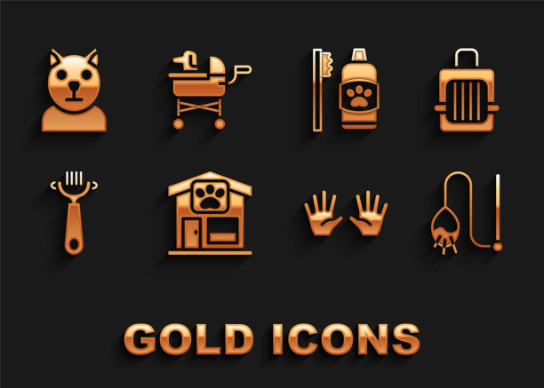 集宠物美容，手提箱，猫玩具，医疗橡胶手套，毛刷为狗和，口腔卫生宠物，猫和婴儿车图标。向量图片下载