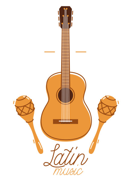 拉丁音乐标志或矢量平面风格插图孤立的标志，原声吉他标志录音厂牌或工作室或乐队。图片下载