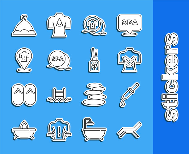 设置线日光浴床和伞，吸管，按摩，水疗沙龙，桑拿帽和芳香扩散图标。向量图片下载
