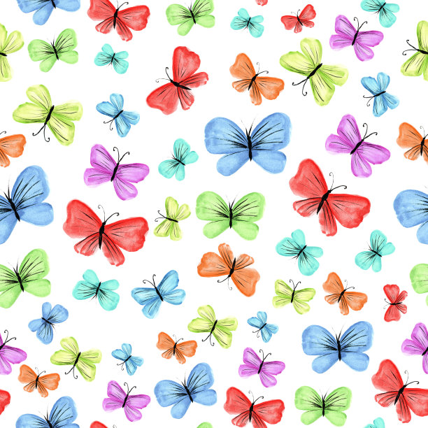 无缝图案与多色水彩蝴蝶，明亮的图案与画蝴蝶在新鲜的孩子风格图片下载