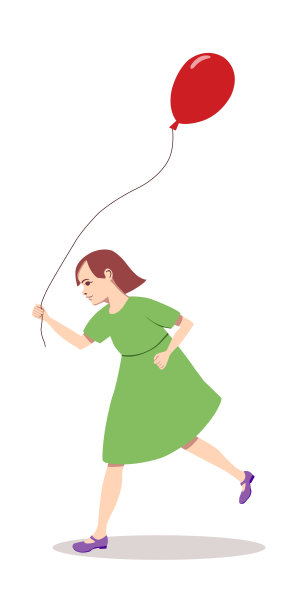 小漂亮女孩与红色氦气球跑在平面矢量插图图片下载