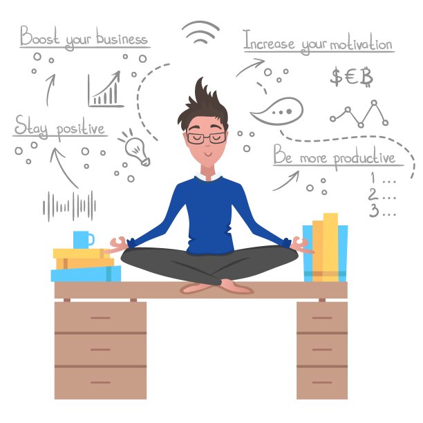 瑜伽在工作。商人放松在莲花位置与手绘线图标的背景。卡通风格的男人在办公室沉思为标志或横幅代金券。矢量平面插图图片下载