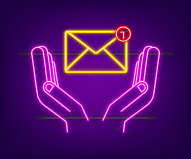 霓虹灯电子邮件通知的概念与手。新的电子邮件。矢量图图片下载