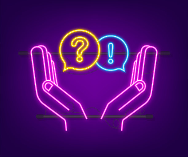 问题和答案泡泡聊天悬吊在双手的白色背景。霓虹灯图标。向量股票插图图片下载