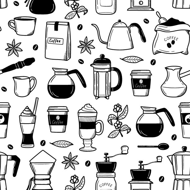 咖啡的模式。涂鸦风格,素描图片下载