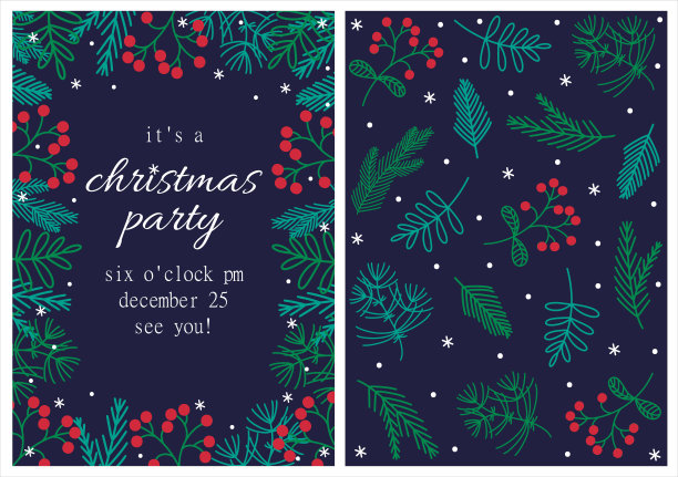 节日聚会邀请向量模板。手绘花卉框架，复古背景。圣诞卡片与松树，冷杉，树，浆果，雪花在蓝色的背景。平淡的风格，四季的空白。图片下载