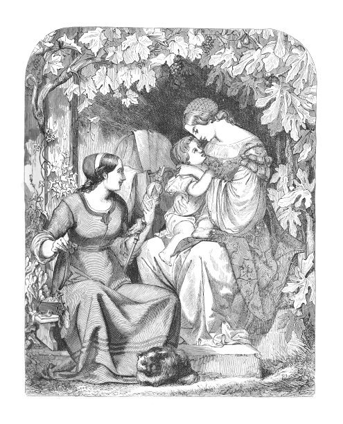 维多利亚妇女和孩子，古董雕刻插图图片下载