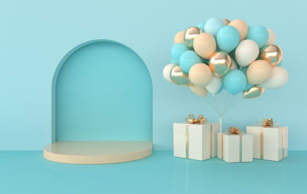 墙景有拱门、气球、礼品盒、讲台、云彩。3 d渲染室内。产品展示平台，模拟背景。图片下载