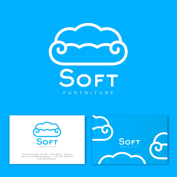 软家具图标。蓝色线性沙发像松软的云。家具店。的身份。的名片。图片下载