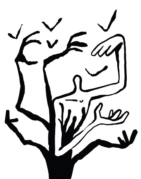 漂亮的人物裸露的躯干，手和恶魔的手臂和乌鸦的影子环绕着。小脑袋无脸，纹身和t恤设计。华丽的丙烯酸画与黑白。插图为旗帜图片下载