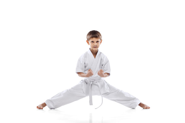 全身画像的小运动员，男孩训练武术孤立在白色的背景图片下载