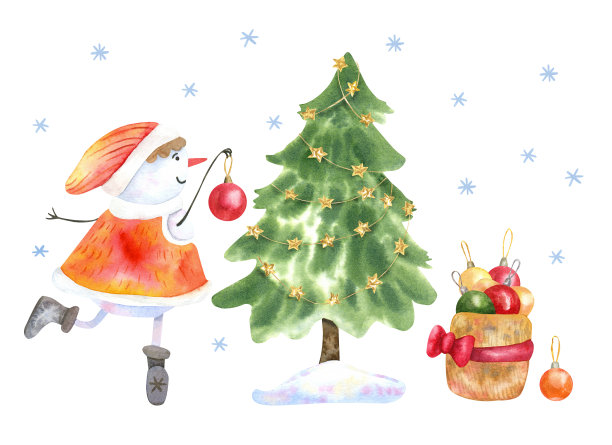 雪人装饰圣诞树水彩画插图图片下载