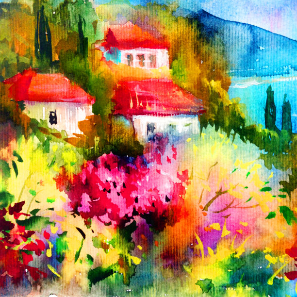 地中海风景。描绘海岸上的建筑和植被图片下载