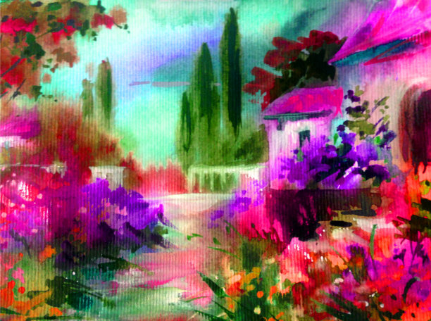 地中海风景。描绘海岸上的建筑和植被图片下载