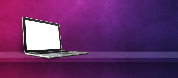 笔记本电脑在紫色的架子背景横幅图片下载