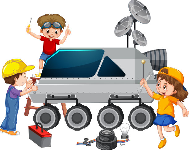 孩子们一起在白色卫星上修理卫星图片下载