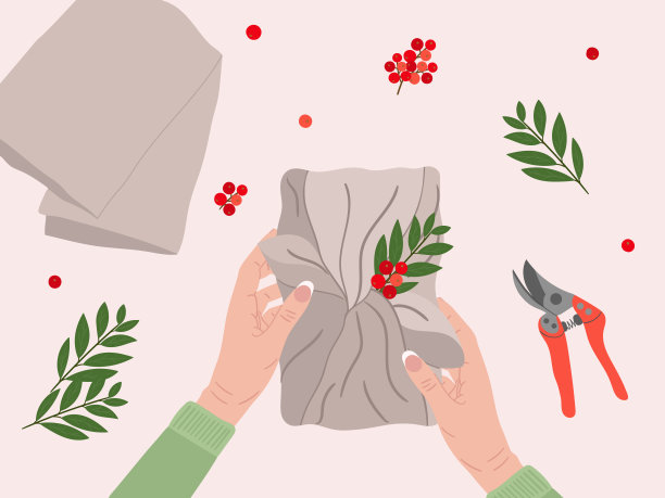 白娘子双手捧着礼物。俯视图环保包装，冬青浆果，月桂叶，剪枝。环保圣诞和新年准备。手绘矢量图图片下载