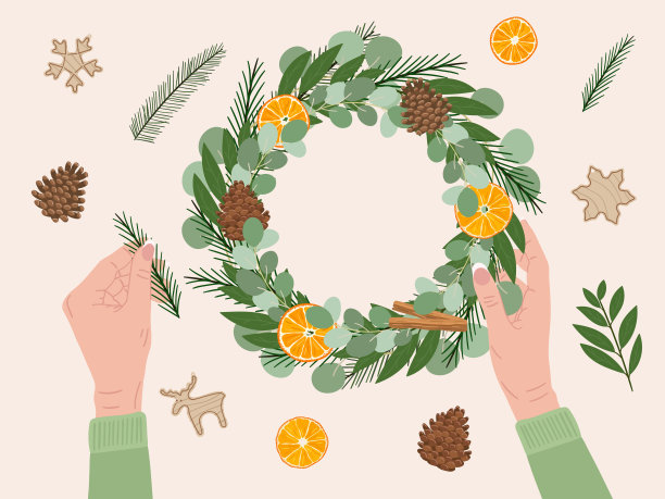 白人女性用环保材料制作圣诞花环。冷杉，松果，肉桂，干橙，海湾，木制玩具。Eco圣诞节的概念。手绘矢量图图片下载
