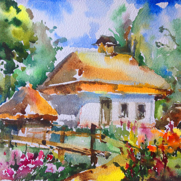 水彩彩色明亮的纹理抽象背景手工制作。地中海风景。画了村庄的建筑和植被图片下载