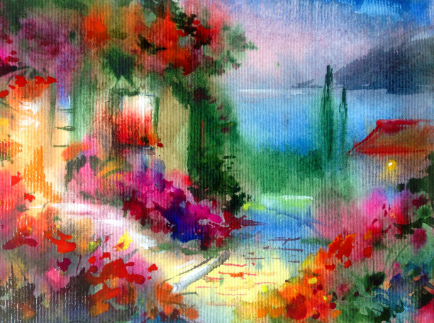 水彩彩色明亮的纹理抽象背景手工制作。地中海风景。画了村庄的建筑和植被图片下载